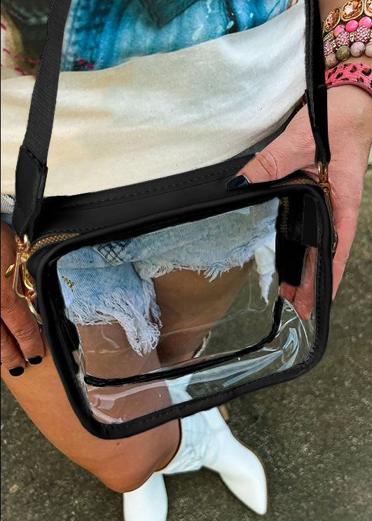 Black Clear Leather Strap Crossbody Bag