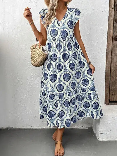 Boho V Neck Floral Tiered Maxi Dress