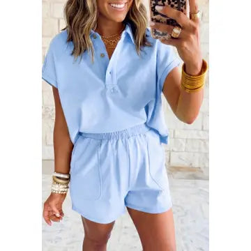 Loose Polo Tee Shorts Sleeve Elastic Waist Short Set (2 Piece)
