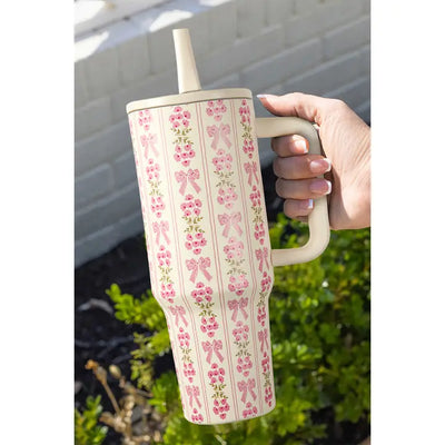 Cream/Pink Floral & Bows Pop-Up Straw 40oz Tumbler