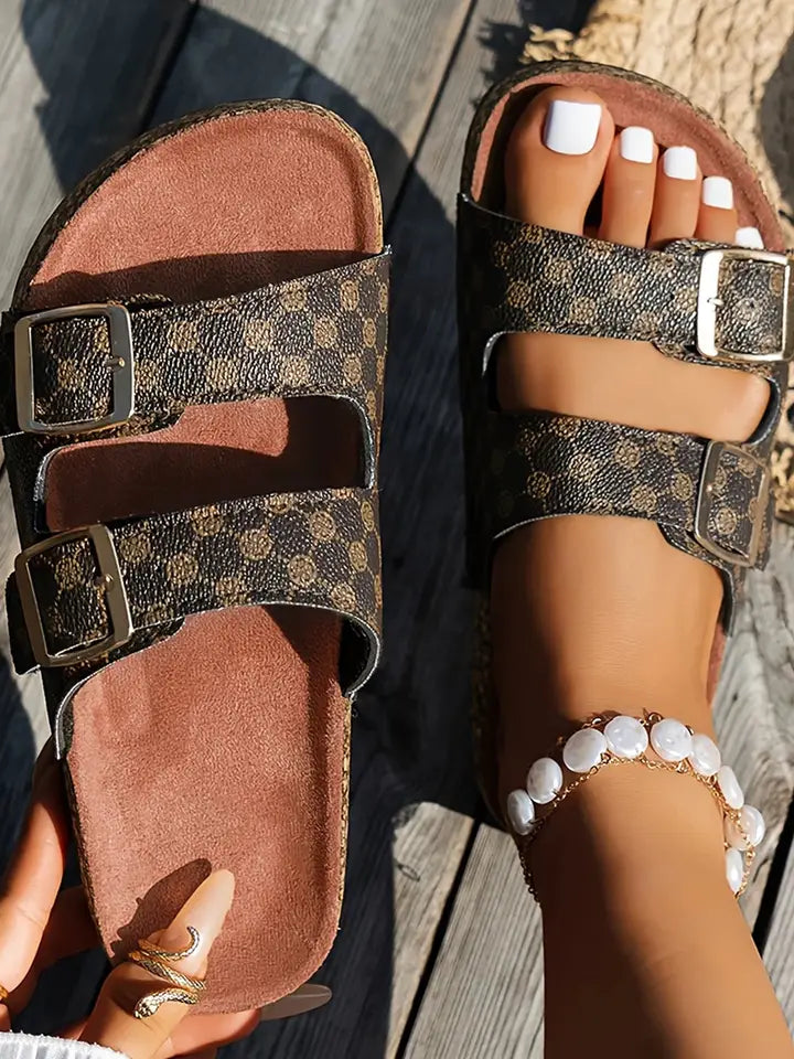 Coffee Geometric Buckle Leather Slip Ons