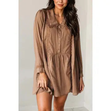 Light Brown Lace Trim Collar Long Sleeve Dress