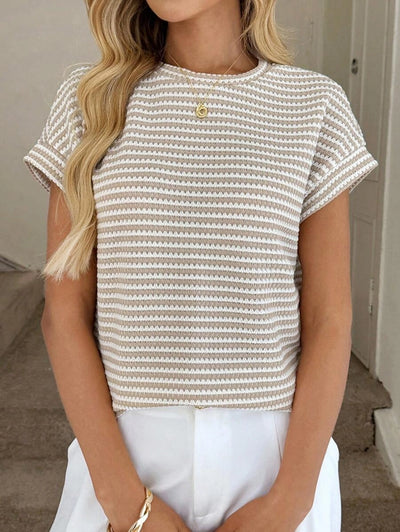 Striped Knit Short Sleeve Sweater Top